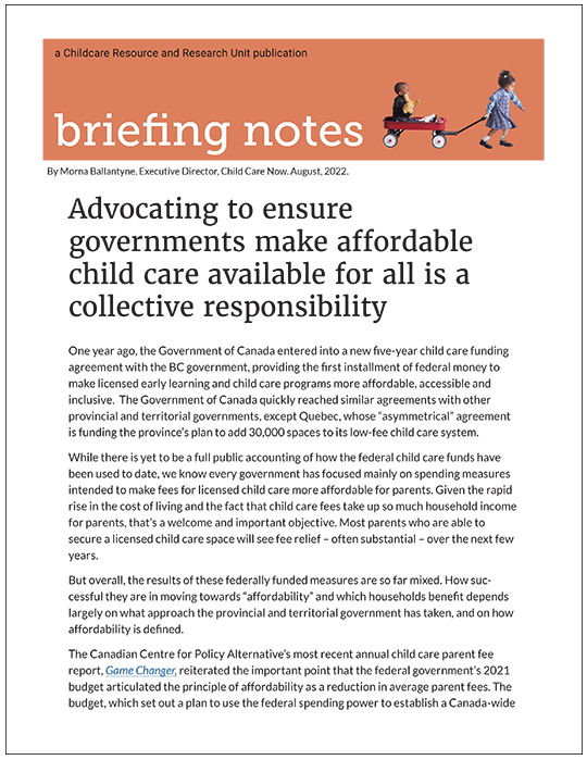 Front page of briefing note:  Advocating to ensure  governments make affordable child care available for all is a collective responsibility