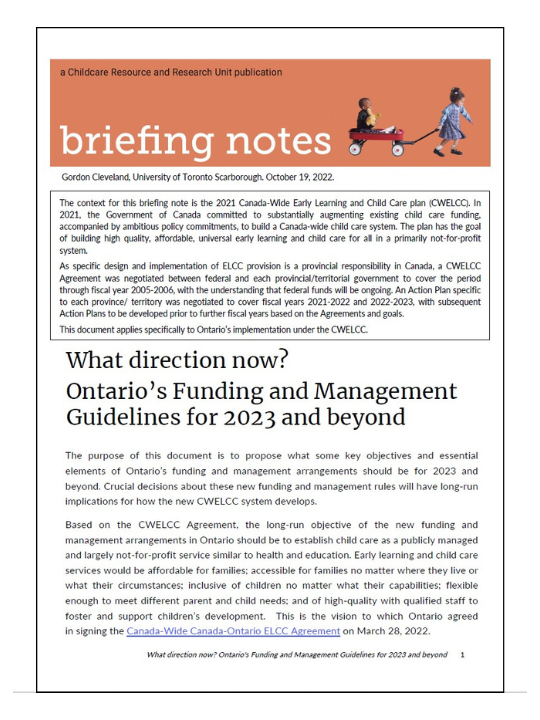 Front page of briefing note: What direction now? Ontario’s Funding and Management Guidelines for 2023 and beyond