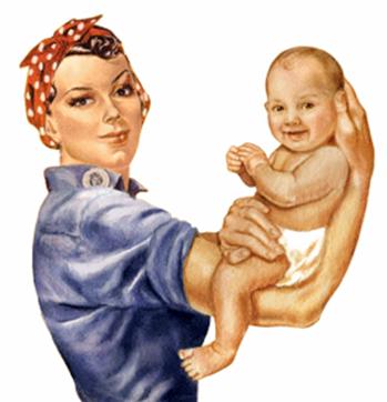 Image of Rosie the riveter with a baby in her arms