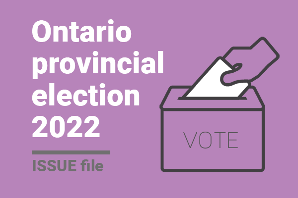 White text on lilac background with words Ontario election 2022 and an icon of a ballot box.